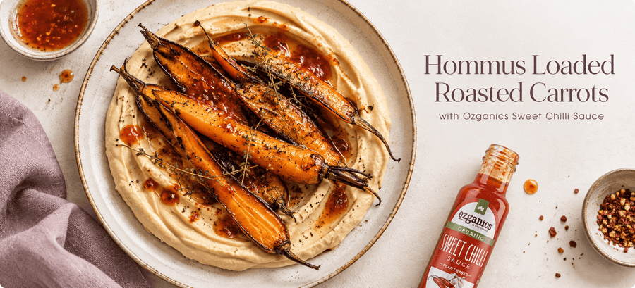 Hommus Loaded Roasted Carrots with Sweet Chilli