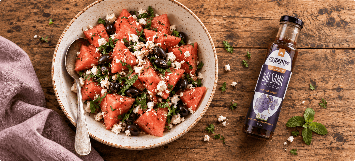 Watermelon, Feta & Olive Salad with Balsamic Dressing